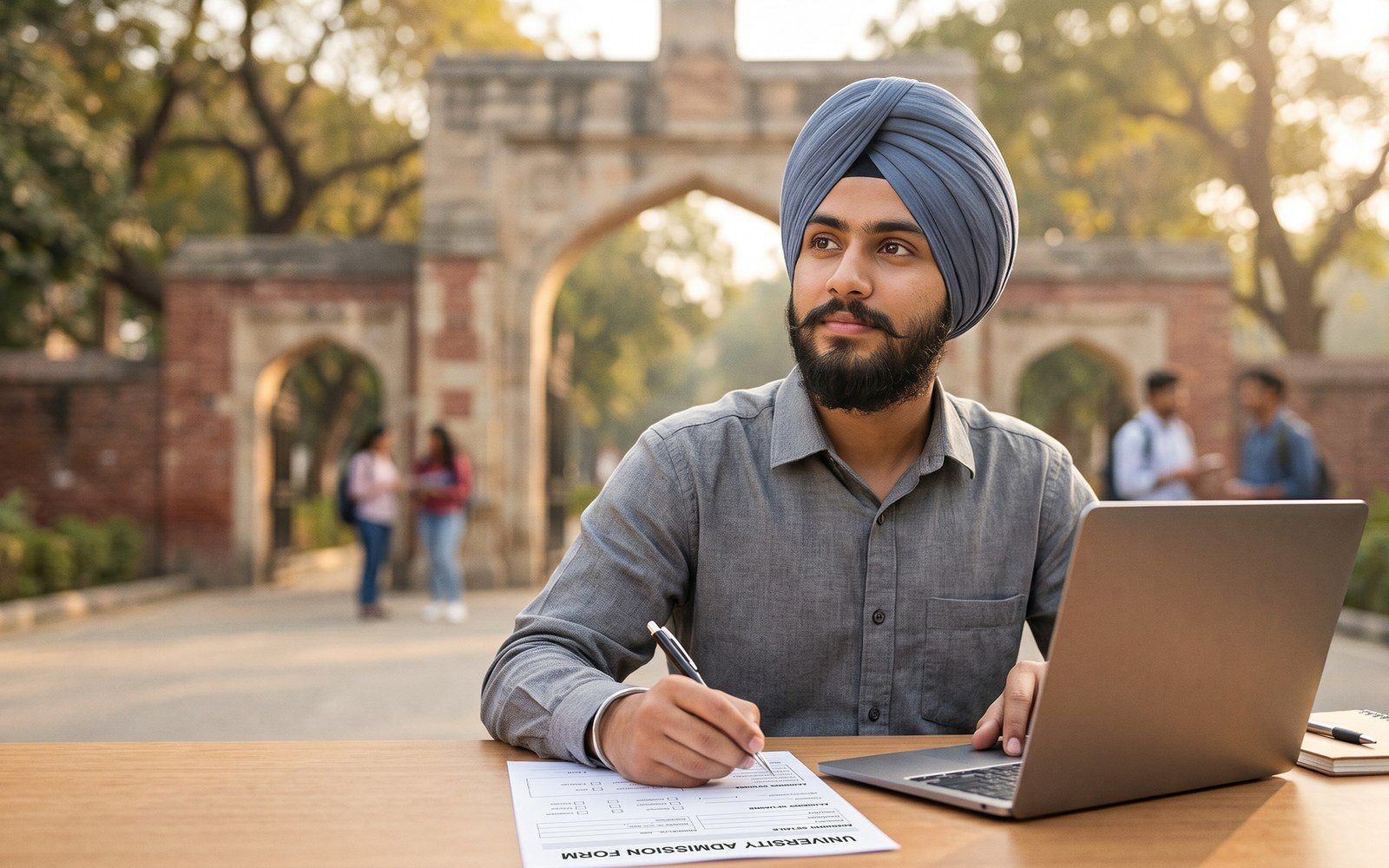 A Sikh student filling a university admission form on a campus, laptop beside him.