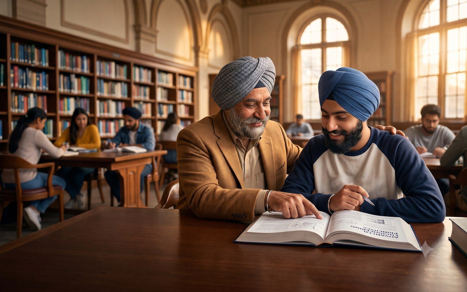 A mentor and a student reading a textbook together in a warm library.