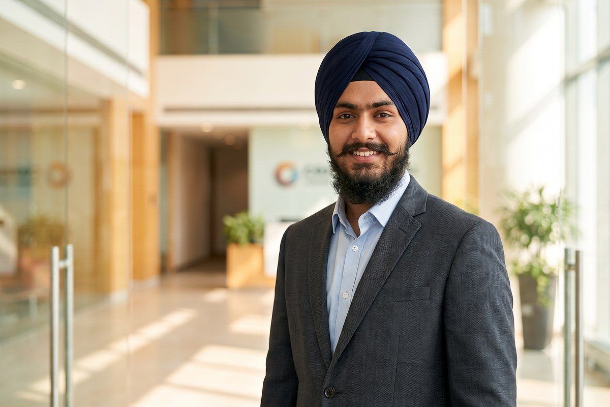 A confident young Sikh professional in a suit in a bright office lobby.