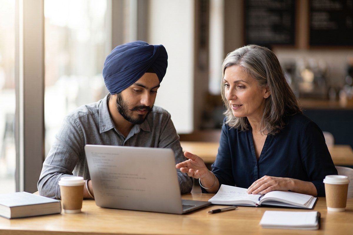 A young professional and an experienced mentor reviewing work on a laptop.
