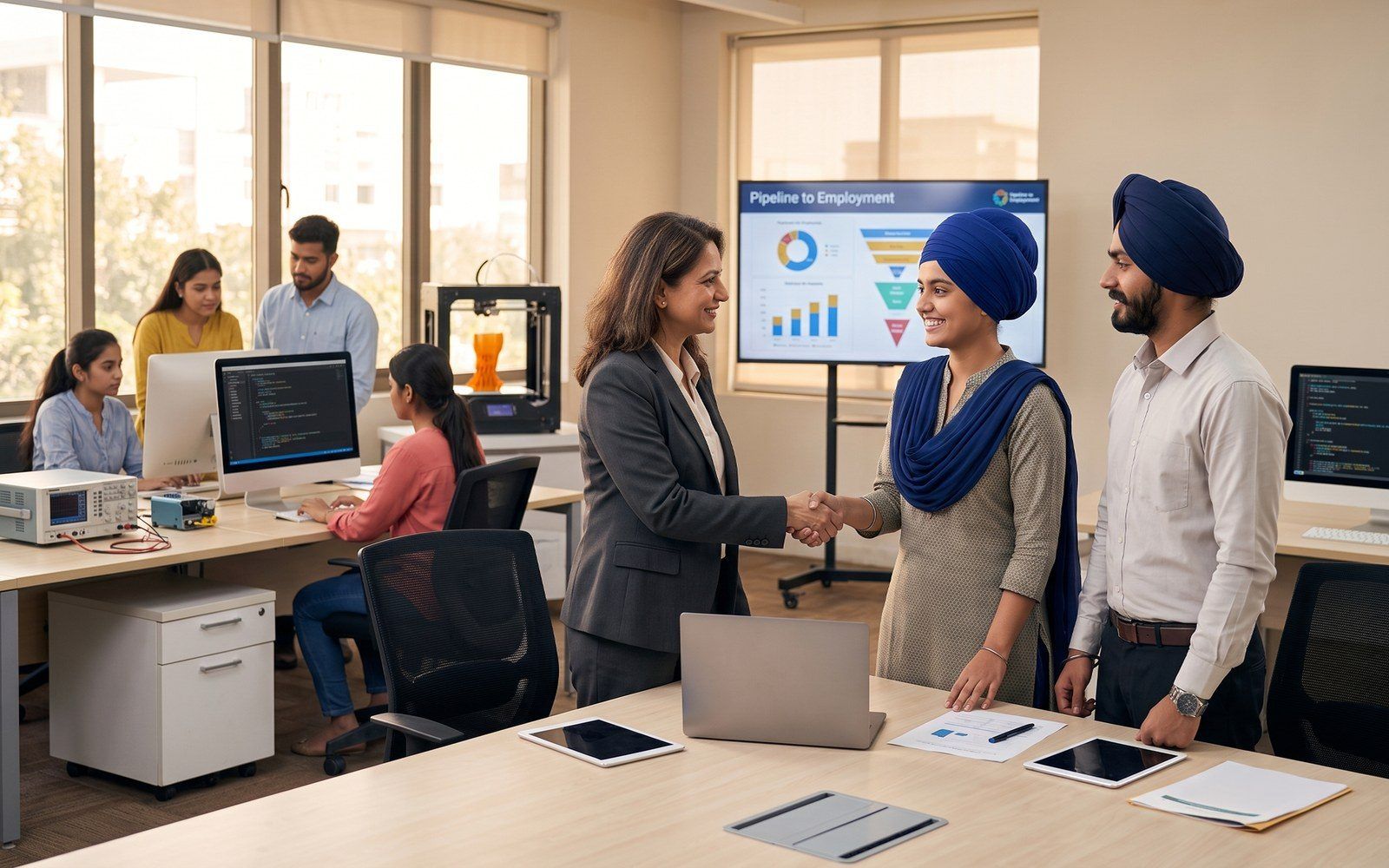 A recruiter shaking hands with a young graduate in front of a 'Pipeline to Employment' screen.