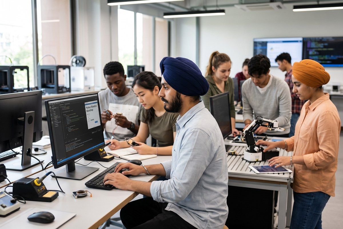 A diverse group of students, including Sikh students, working hands-on in a coding and robotics workshop.