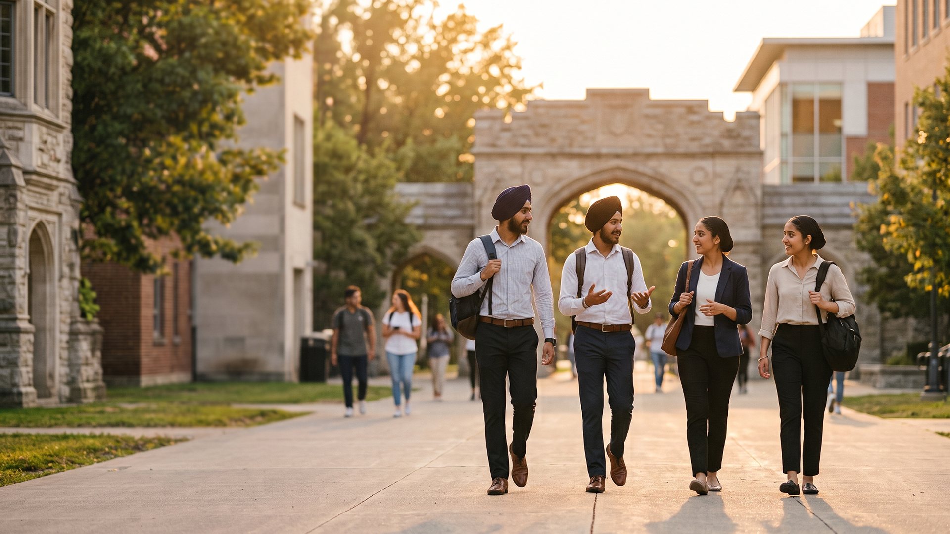 Four young graduates walking with purpose through a university gate at sunset.