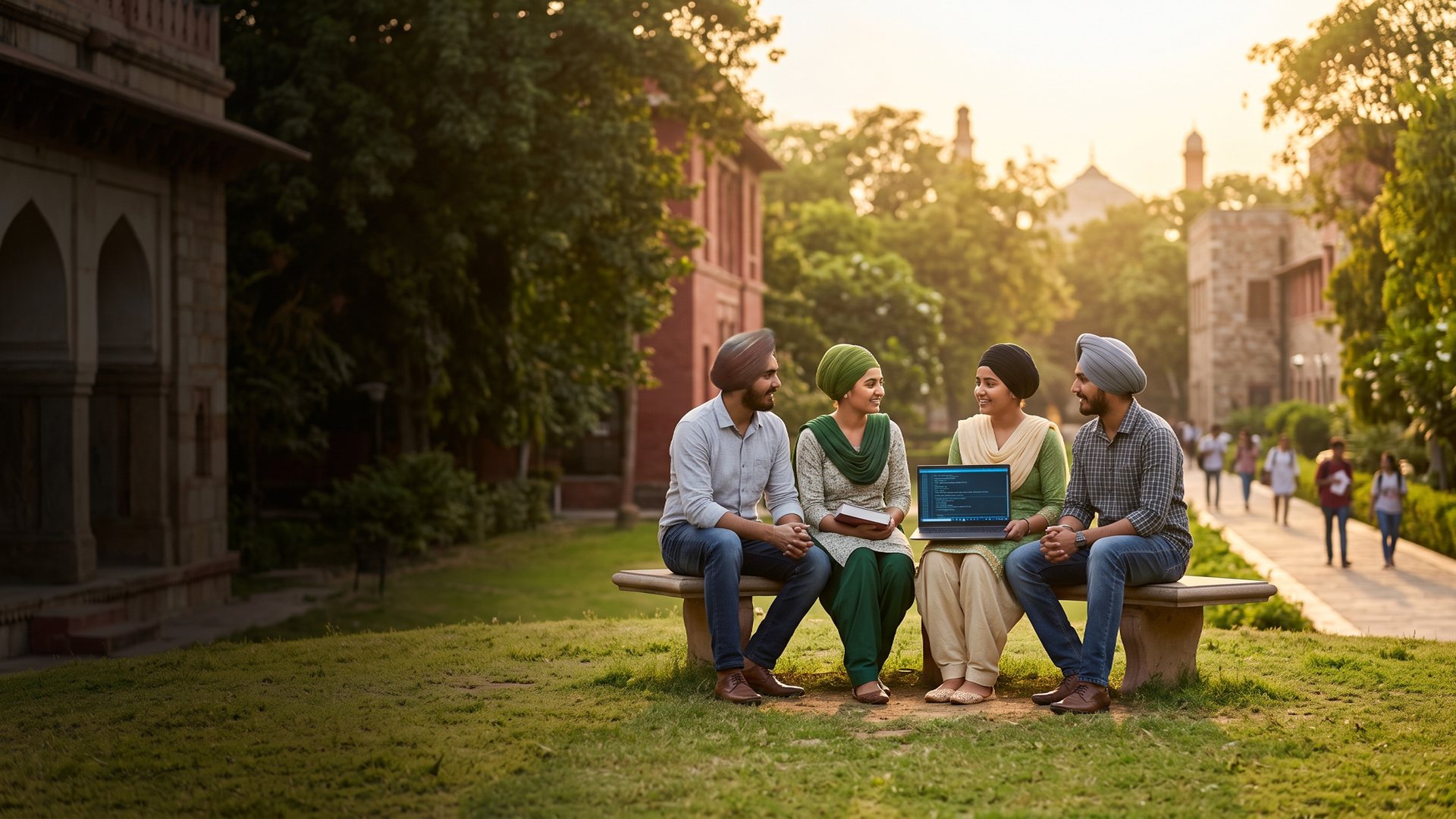 Students walking and talking together on a leafy Delhi/NCR campus at golden hour.